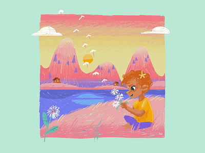 Dandelions on the pink hills art art inspo artist childhood cute dandelion evening header hill hills illustration kid landscape nature nostalgia pink purple small trees yellow