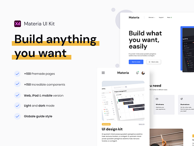 Materia | Ui Kit with Design system animate blog branding dark mode design system landing page library messages mobile product responsive settings tablet ui ui kit