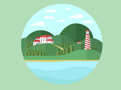 Landscape art flat green icon illustration lighthouse minimal mountains