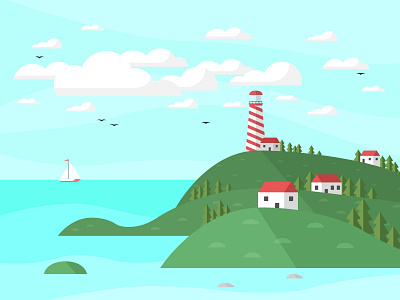 Landscape art flat illustration lighthouse minimal sea vector