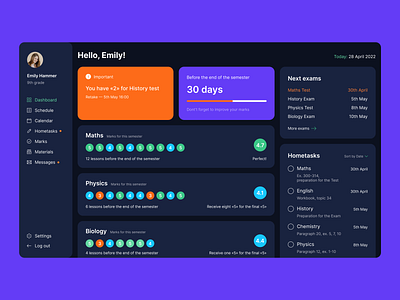 Dashboard for student app clean design dark theme dashboard education figma interface makeevaflchallenge profile schedule school statistics student study ui uidesign ux uxdesign web webdesign