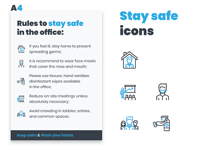 Rules to stay safe in the office a4 brochure a4 paper a4 size blue brochure brochure design design flat icon icon set illustration print design rules vector