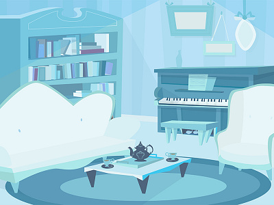 Pru in Blue animation background blue bookcase couch mid century piano teapot