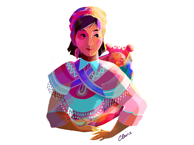 Hmong Woman And Child baby china colour headscarf hmong illustration laos light prism sun thailand