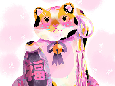 Maneki Neko asia bells cat good fortune illustration japan lucky cat maneki neko ribbon sakura blossom