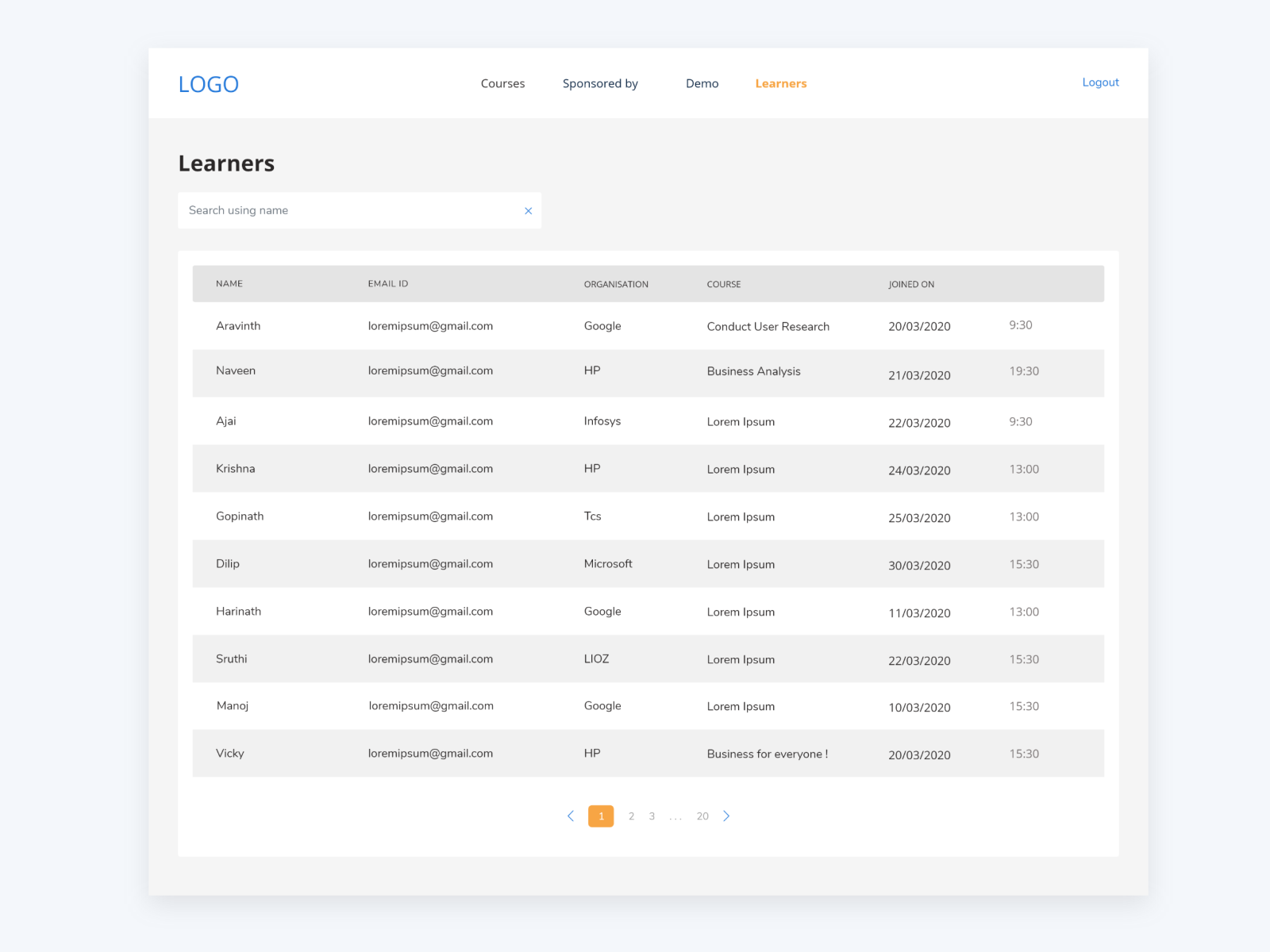 Admin panel - learner's list by Aravinth R on Dribbble