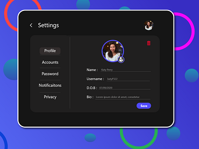 Profile settings UI adobexd challange dailyui dailyuichallenge design ipadpro tablet uidesign user userprofile webdesign