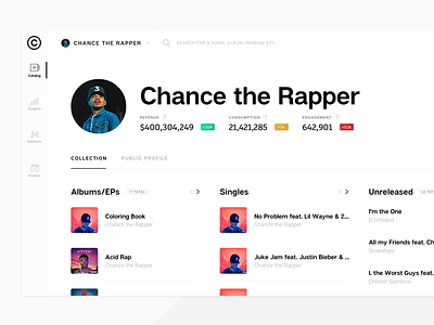 Music Catalog for Createsafe app chance the rapper dashboard music platform product spotify ui ux