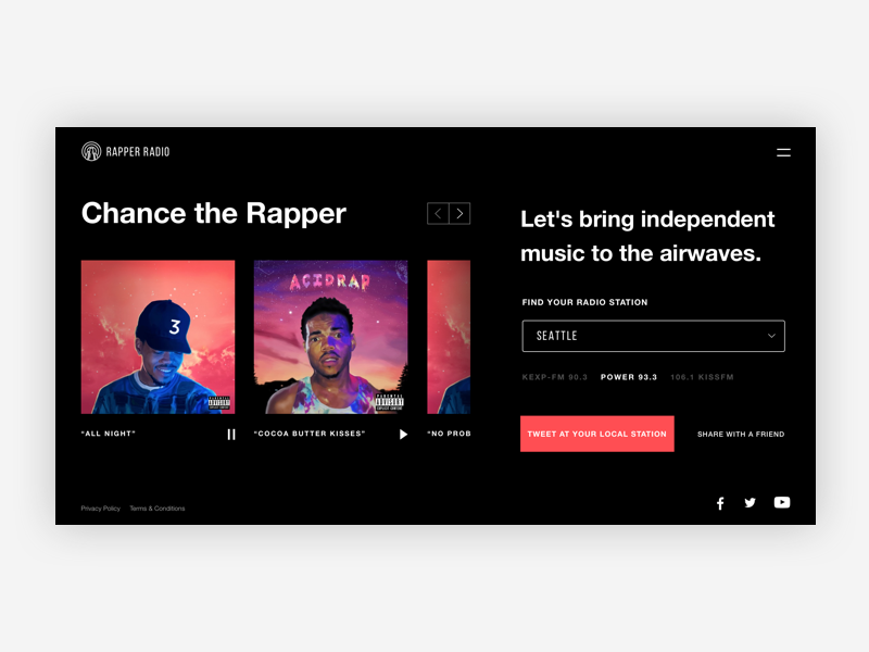 Rapper Radio (work in progress) radio streaming bold sonos spotify apple album ui landing page music chance the rapper rapper radio