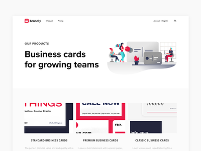 Brandly.com business cards ecommerce illustration minimal product product page red startup ui website