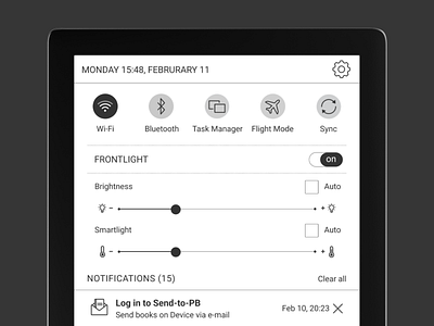 Control Panel for E Ink Reader app blackandwhite bw clean control design device e ink minimal minimalism notification panel reader ui ux
