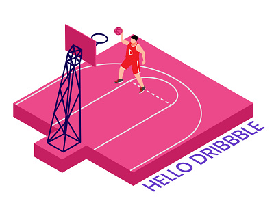 Hello dribbble . . . basketball design dribbble invite flat illustration illustrator isometric isometric art minimal perspective player shoot sport typography vector welcome