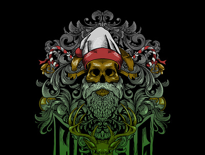 DARK SANTA art artwork christmas darkart deer design digital art engraving style floral for sale illustration santa santa claus santa skull skull