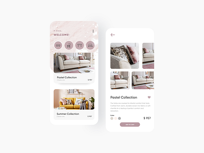 Furniture E-commerce UI adobexd app application design ecommerce furniture app mobile app design mobile application mobile applications mobile ui pastel pastel ui pinky sketch sofa app ui uidesign uiux user interface user interface ui