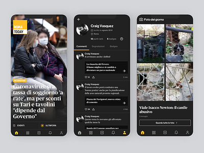RomaToday - Dark News app app design dark dark mode dark theme dark ui design ios news profile ui