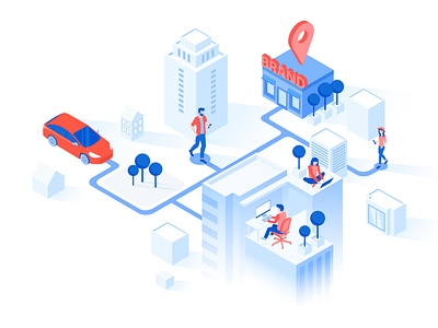 Isometric, brand location advertising brand buildings isometric business design dribbble geo point hint illustration local location marketing path people vector