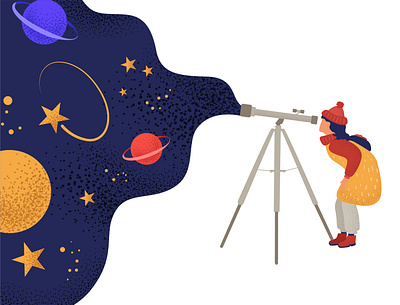 The girl looks at space through a telescope. flat