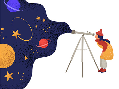 The girl looks at space through a telescope.