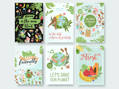 Eco friendly posters, zero waste, motivational quotes and phrase postcards