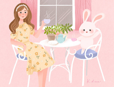Teatime with Bunny character character design girl illustration illustration pastel