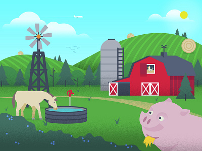 Farm Scene barn clouds faucet horse pig silo sky sunny trees water tank windmill