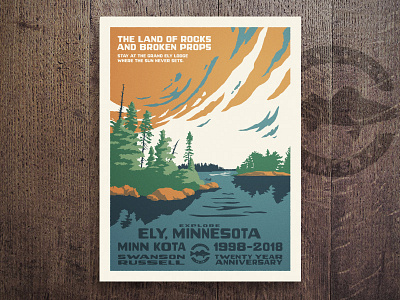 Ely, Minnesota anniversary clouds fish lake rocks screenprint trees water wpa poster
