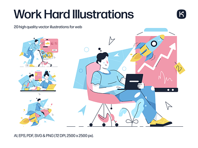 Work Hard Illustrations 🤝💻💵 characters collaboration colorful design enterpreneur hard illustration kapustin resources set startup success teamwork vector work