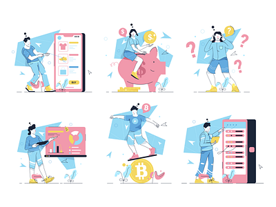 Work Hard Illustrations 🤝💻💵 analitycs bitcoin characters colorful crypto design flat illustration kapustin question sale server set team teamwork vector work