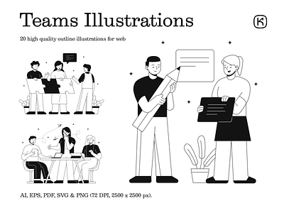 Teams Illustrations 👩‍💻👨‍💻🤝 design illustration kapustin linear office outline pen puzzle resurces set startup team teammates teamwork vector work