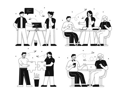 Teams Illustrations 👩‍💻👨‍💻🤝 communication cooperation illustration kapustin linear outline project set startup team teammates teamwork vector work