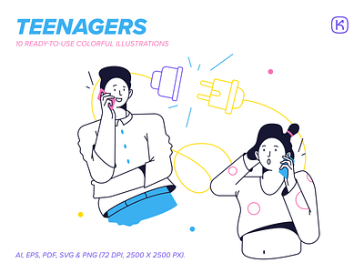 Teenagers 📱💥 boy character colorful connect design girl illustration kapustin linear man outline resources set teenagers vector woman