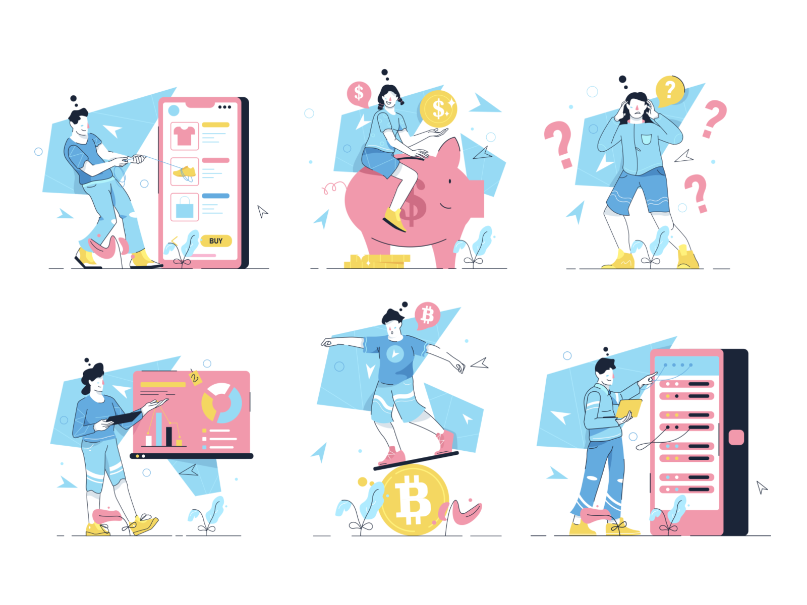 Work Hard Illustrations 🤝💻💵 bitcoin coin colorful cryptocurrency design e-commerce flat illustration kapustin project questions servers set team teamwork vector work