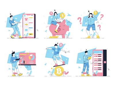 Work Hard Illustrations 🤝💻💵 bitcoin coin colorful cryptocurrency design e commerce flat illustration kapustin project questions servers set team teamwork vector work