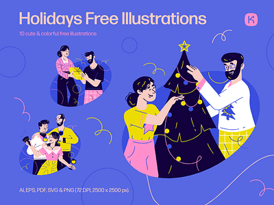 Holidays Free Illustrations 🎄 christmas colorful design family freebie friends holidays illustration kapustin lifestyle presents resources set tree vector