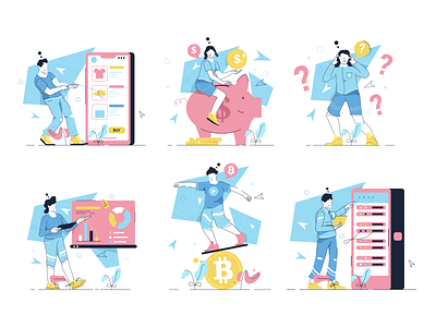 Work Hard Illustrations 🤝💻💵 analytics bitcoin character coin crypto design finance hard illustration kapustin money office project question resources server set study vector work