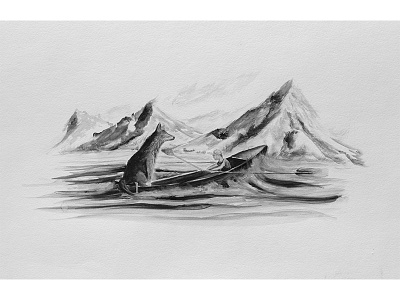 Lost Together black and white design drawing illustration mountains watercolor wolf