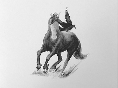 Wild Horses black and white crow drawing handmade horse ink pen tattoo watercolor