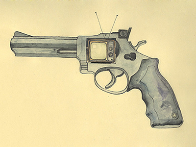killer television art gun illustration ink killer television painting print revolver tv vintage watercolor weapon