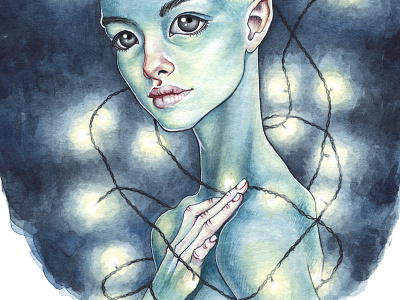Devil art devil elf girl illustration lights night portrait print watercolor watercolour