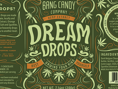 Dream Drops art nouveau candy cbd green hemp lettering package design