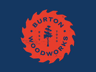 Burton Woodworks Logo badge blade burton cypress lockup logo saw texture tree typography vintage woodgrain woodworking woodworks