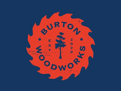 Burton Woodworks Logo badge blade burton cypress lockup logo saw texture tree typography vintage woodgrain woodworking woodworks