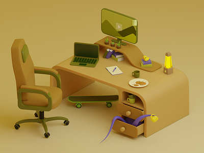 Workspace and cup-monster 3d comfortably designer room the green room workspace
