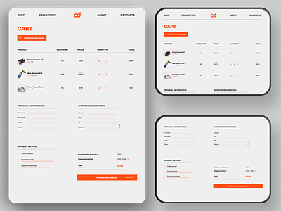 Cart page for clothes and shoes online store cart design digital e comerce grey minimal orange shoes shop store tablet ui uiux ux web website