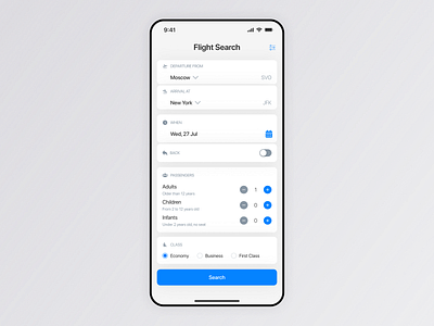 UI Daily Challenge #68 - Flight Search app blue challenge daily dailyui design flight gray ios minimal mobile search sf ui ux