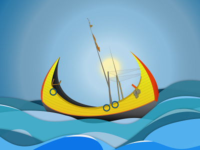 Sampan boat dibbble shot fishing boat illustraion minimal sea