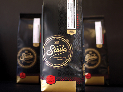 Static Coffee Bags black coffee coffee bags custom espresso foil gold label packaging premium stitching
