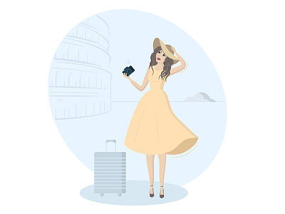 Travel illustration camera character girl illustration inspire italy people tourism vector