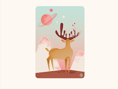 Le cerf et la planète. animal atmosphere cerf cute design flat design flat illustration forest illustration illustrator mars planet saturn