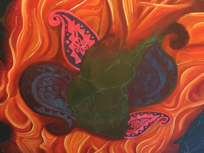 In Progress acrylic canvas fire heart koi magnolias painting paisley roses